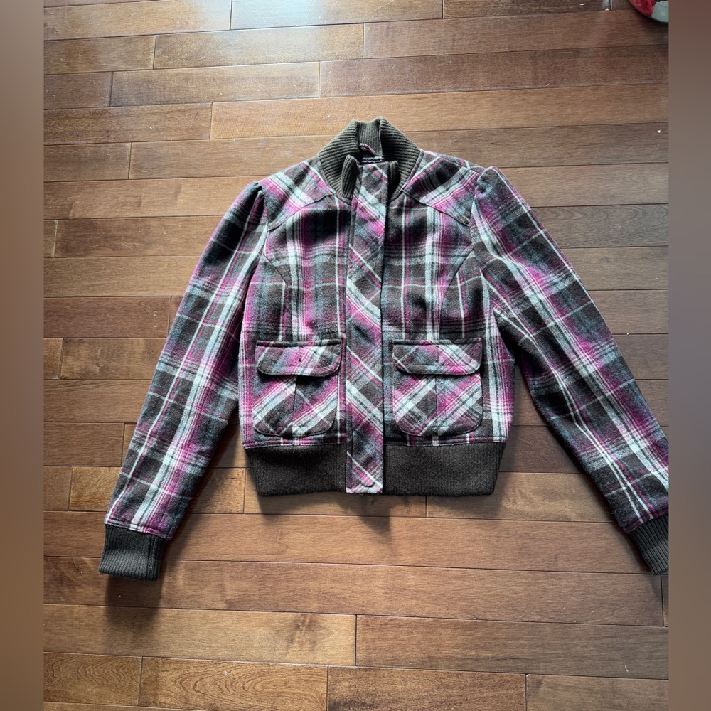 Aeropostale Bomber Teen Jacket Brown Fuchia Grey White Size XL Full Zipper